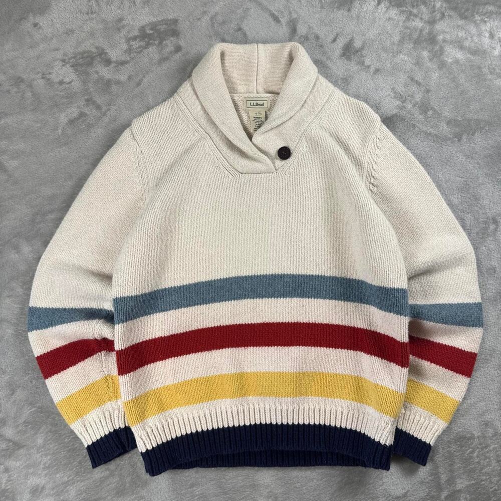 L.L.Bean Sailor Shawl Sweater Women’s Medium Striped Chunky Fisherman Knit